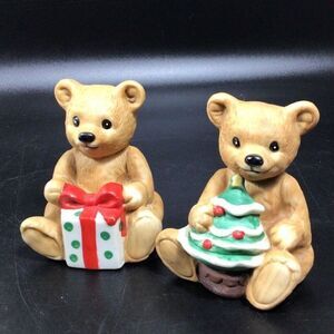 Vintage Homco Pair of Christmas Bear with Tree Gift Figurines Vintage